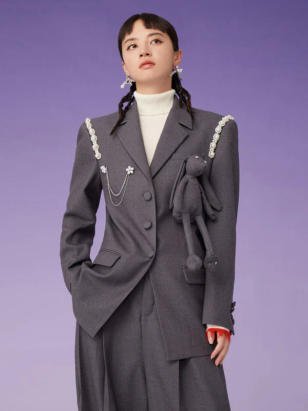 Mukzin   |    Grey Loose Coat with Rabbit Decoration