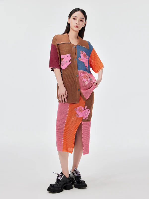 Mukzin   |    Knitted Multicolor Patchwork Straight Midi Skirt