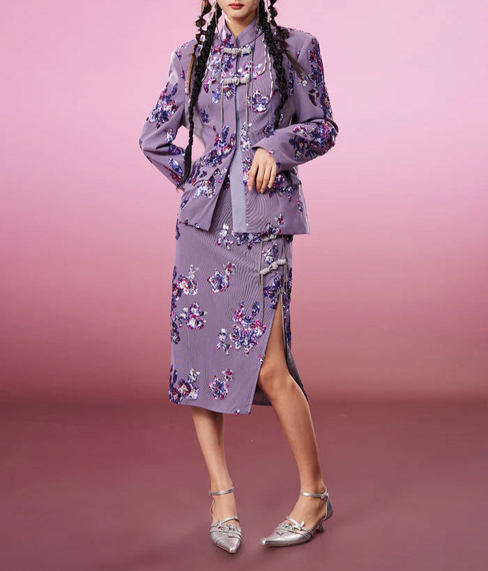 Mukzin   |    Purple Sequin Printed Skirt