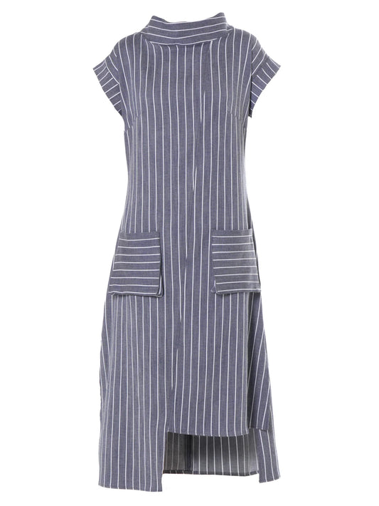 Metamorphoza   |    Midi Striped Denim Dress In Dark Blue