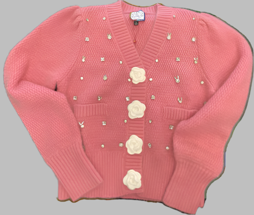 Mukzin   |    Pink Cardigan with White Roses &amp; Rhinestones