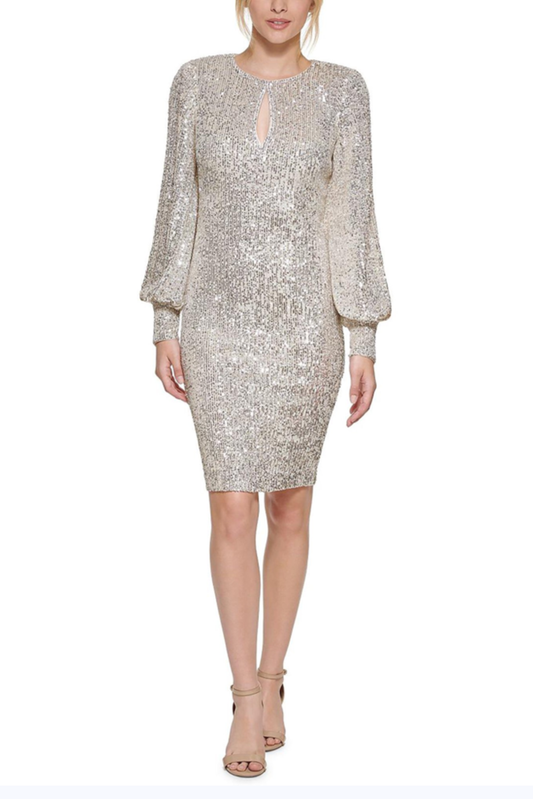 Eliza J Long Sleeve Keyhole Sequined Party Dress: SILVER / 10